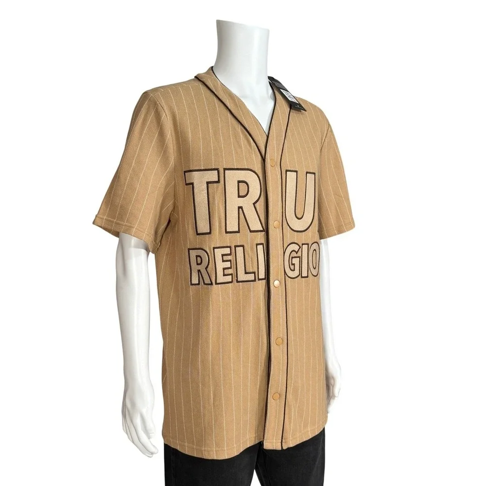 True‎ Religion Mens Baseball Jersey Tan Stripe Short Sleeve Button Up Size M NWT